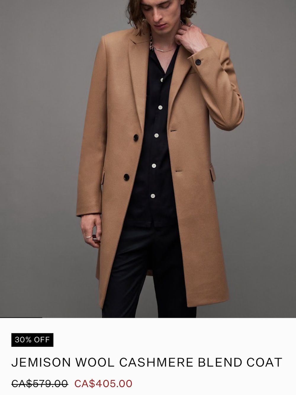 AllSaints Camel Wool Single-Breasted Pea Coat